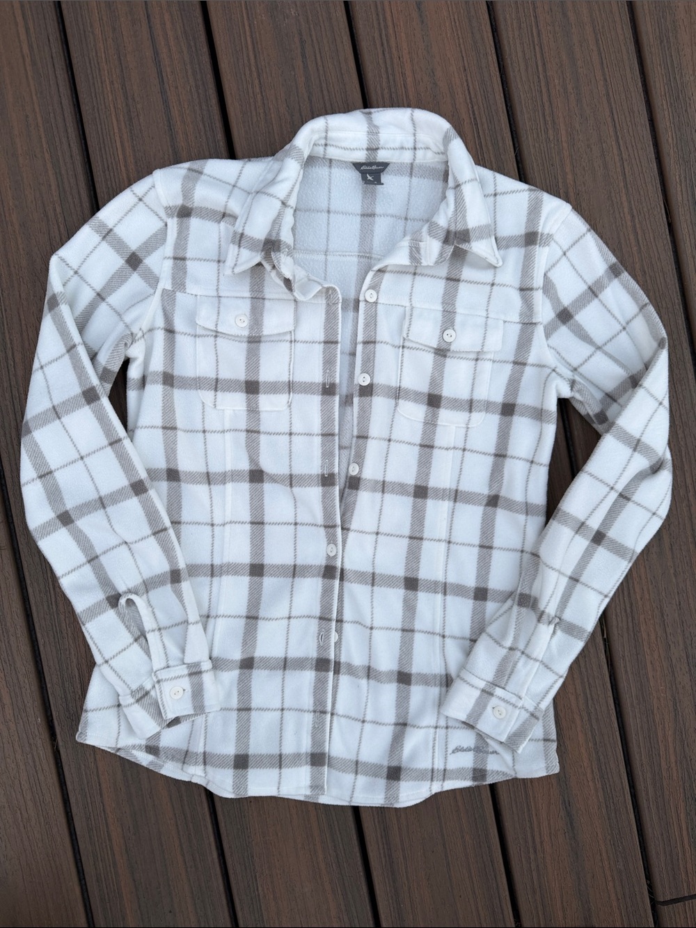 Eddie Bauer White and Taupe Plaid Button-Down Shirt